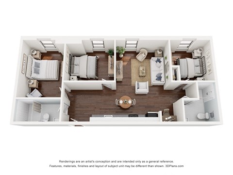 Floor plan for 3 beds, 2 baths